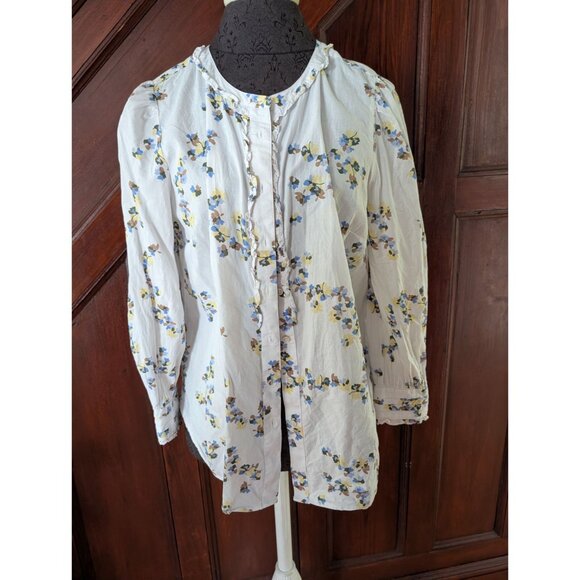 Talbots Petite Floral Button-Down Blouse With Ruffle Trim White  Womens Size Lp - Picture 1 of 4